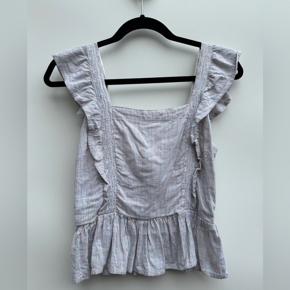 Japna Striped Smocked Flutter Straps Embroidered Peplum Boho Blouse Top Medium - Picture 1 of 13